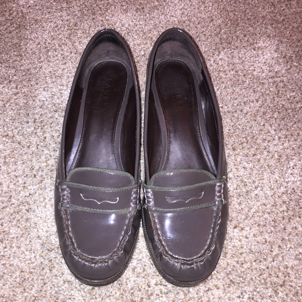 Gray Ralph Lauren patent leather slip on shoes
